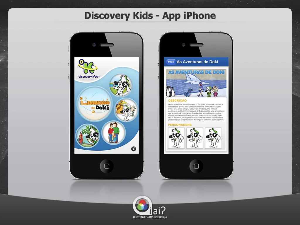 Discovery Kids iPhone app showing the 'Laboratório do Doki' interactive content with character descriptions and adventures.