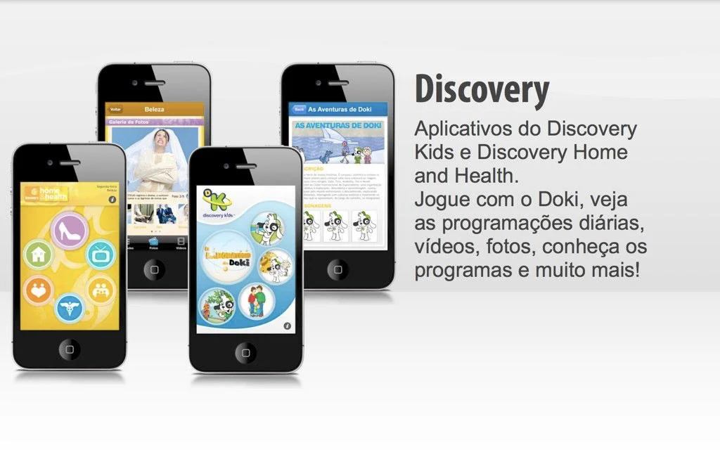 Discovery Kids and Discovery Home & Health iPhone apps showing Doki character games, daily programming, videos, and photos.