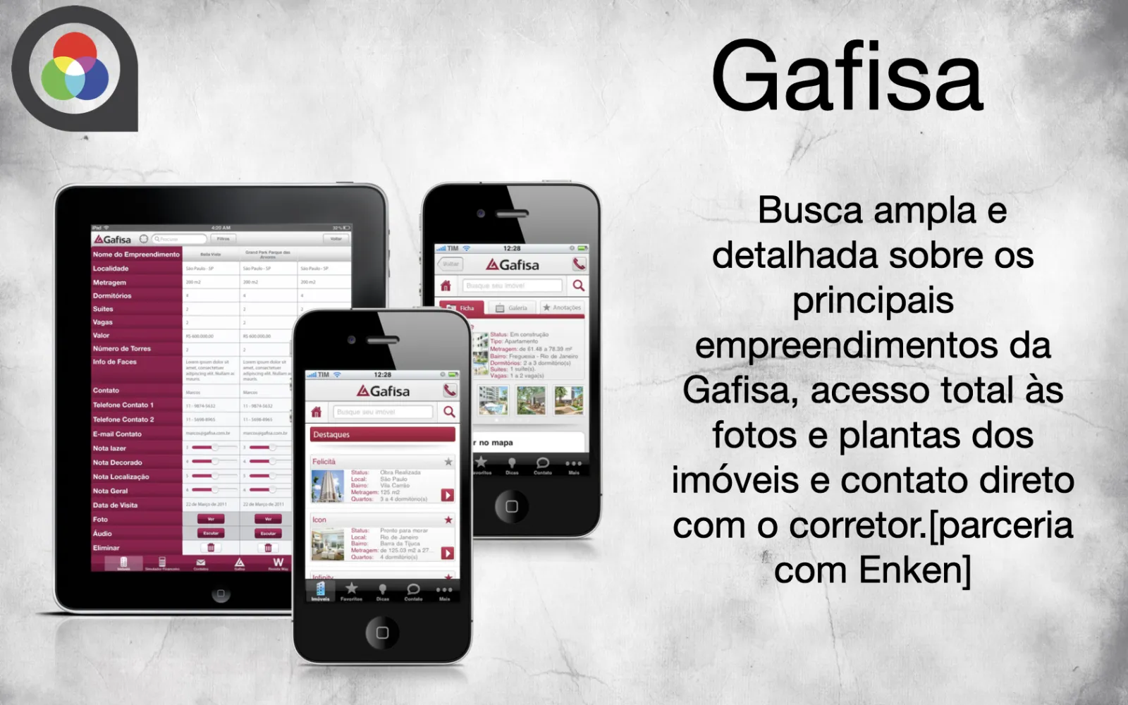 Gafisa real estate app on iPad and iPhone showing property search, photos, floor plans, and broker contact features.