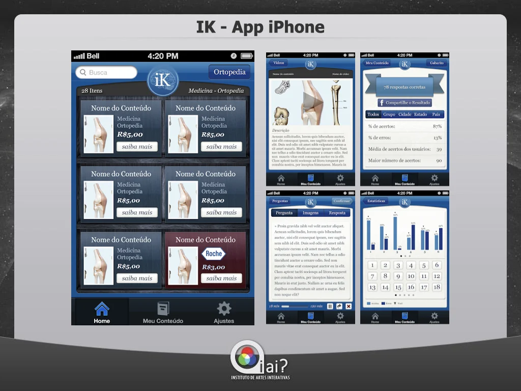 IK medical orthopedics iPhone app showing content marketplace, video lessons, quiz questions, and statistics screens by iAi?.