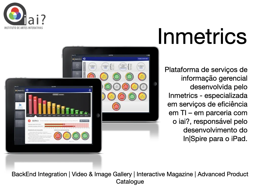 Portfolio slide for the Inmetrics In|Spire iPad management information platform with dashboards and charts.