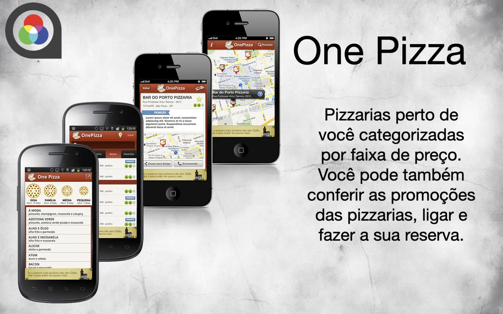 Showcase of One Pizza app for finding nearby pizzerias by price range with promotions, calling, and reservation features.