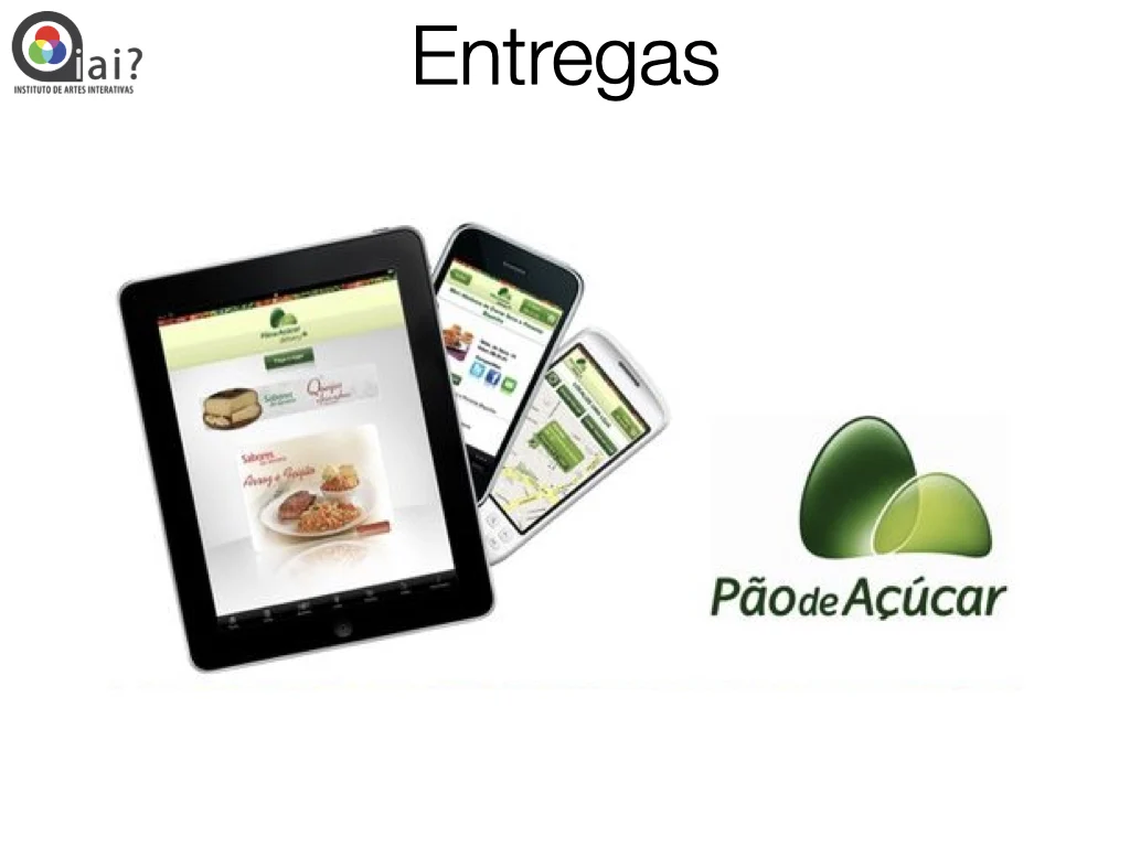 Showcase of Pão de Açúcar grocery delivery app on iPad and iPhone with recipes and store locator features.