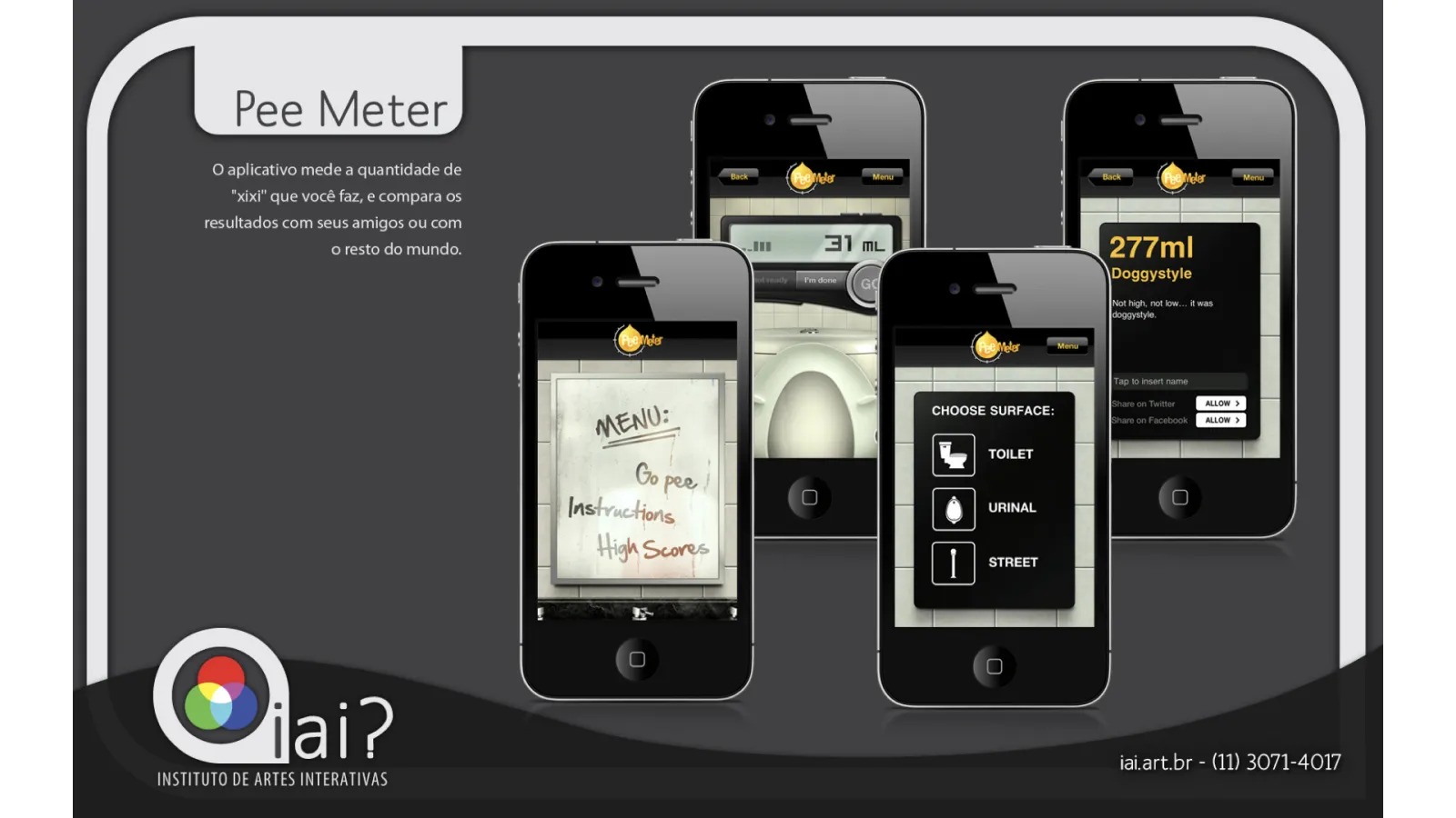 Pee Meter novelty app portfolio slide by iAi? showing iPhone screens with the humorous measurement and social sharing features.