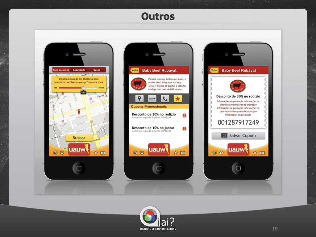 UAUW coupon app on three iPhones showing restaurant deals, location-based search, and digital coupon saving for Baby Beef Rubayat.