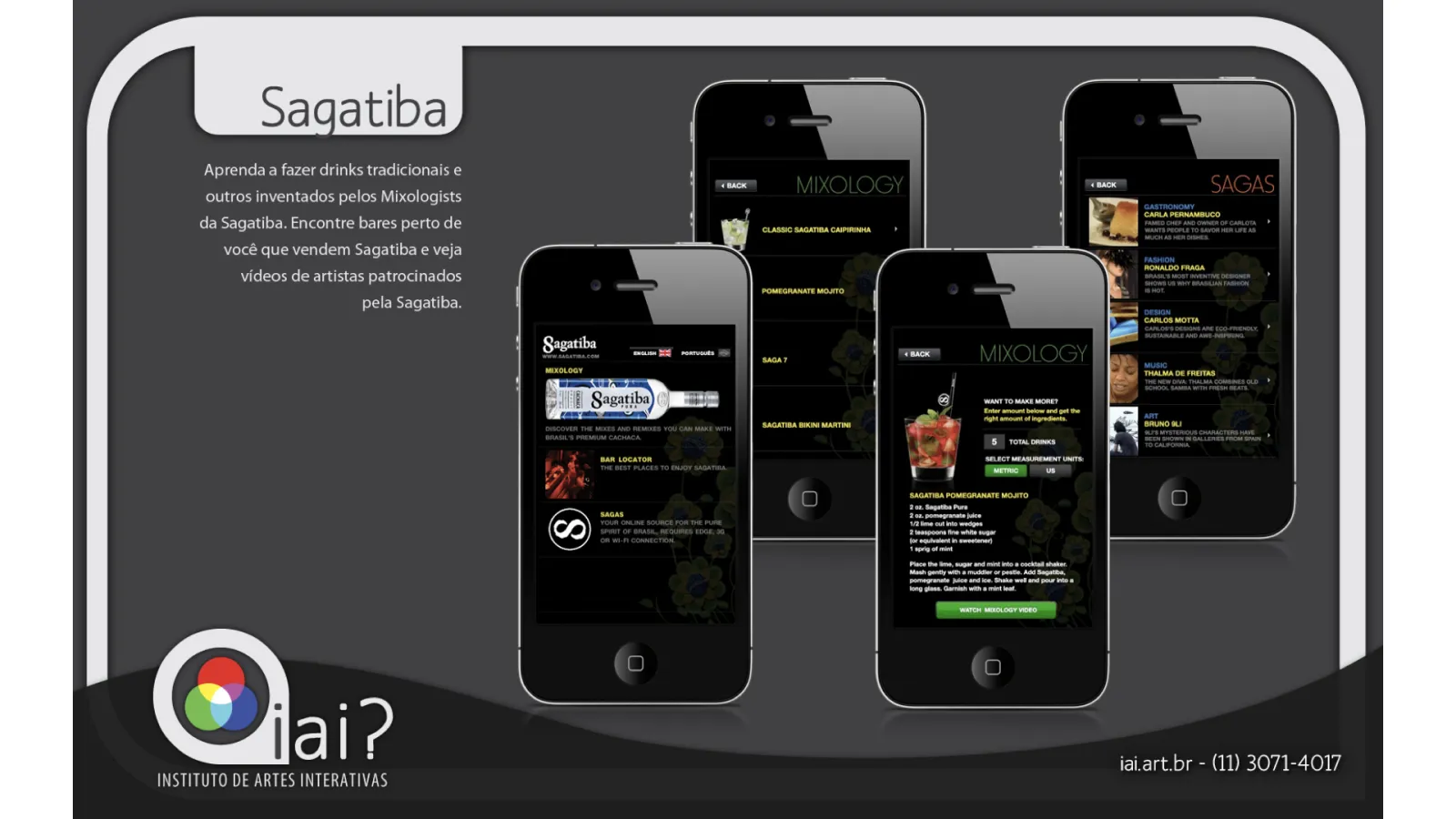 Sagatiba cachaça app portfolio slide with iAi? branding showing mixology, drink recipes, and artist video features.