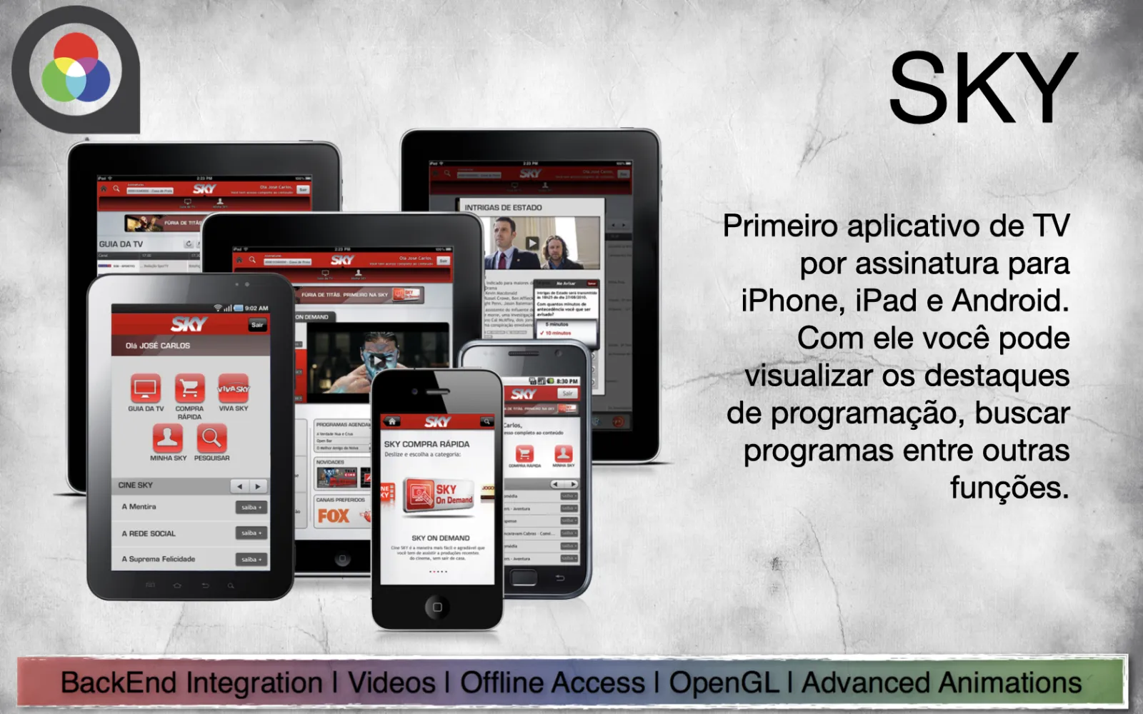 SKY TV subscription app for iPhone, iPad, and Android showing TV guide, on-demand content, and programming highlights.