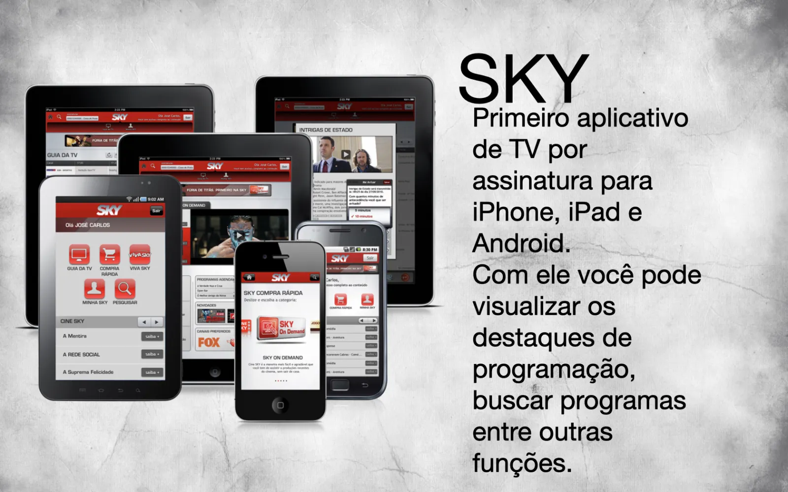 SKY TV app shown across multiple devices with description of its TV guide, program search, and on-demand features.