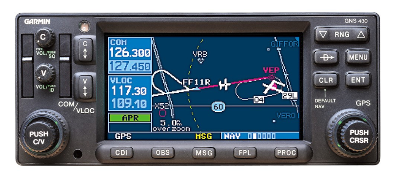 The GNS 430 simulator faceplate: pixel screen on the left, concentric knobs and buttons on the right